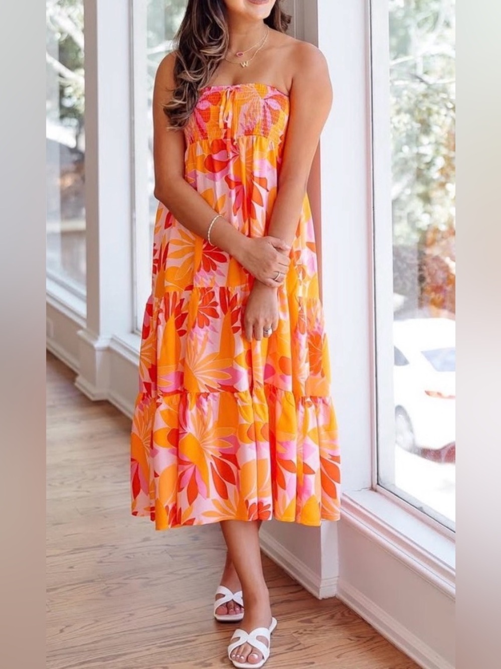 Anthropologie “Rumi” Floral Tiered Midi Dress or Maxi Skirt in Orange & Pink